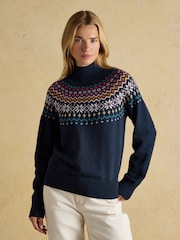 Joules Alba Navy Fairisle High Neck Cotton-Blend Jumper - Image 1 of 7