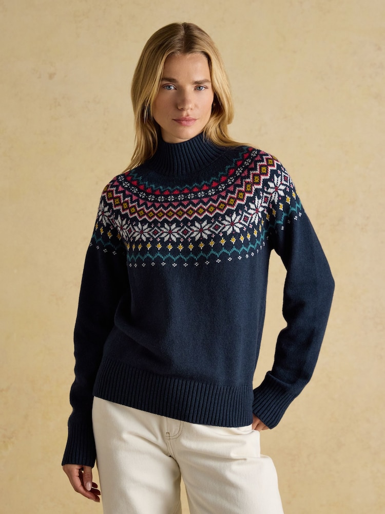 Joules Alba Navy Fairisle High Neck Cotton-Blend Jumper - Image 1 of 7