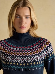 Joules Alba Navy Fairisle High Neck Cotton-Blend Jumper - Image 4 of 7