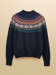 Joules Alba Navy Fairisle High Neck Cotton-Blend Jumper - Image 7 of 7