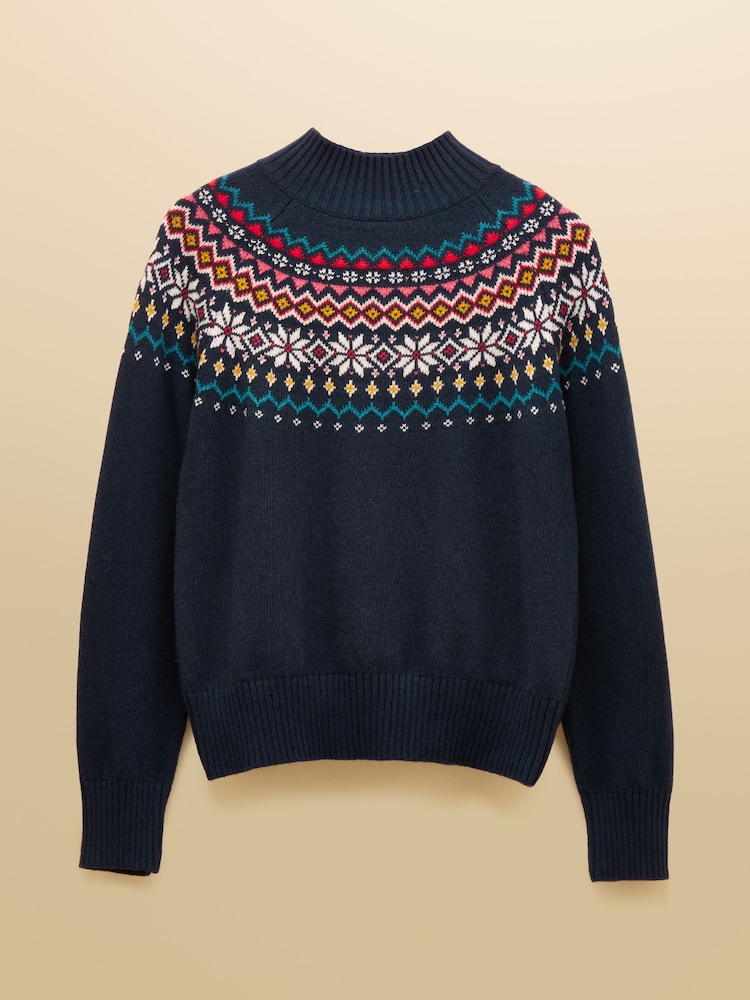 Joules Alba Navy Fairisle High Neck Cotton-Blend Jumper - Image 7 of 7