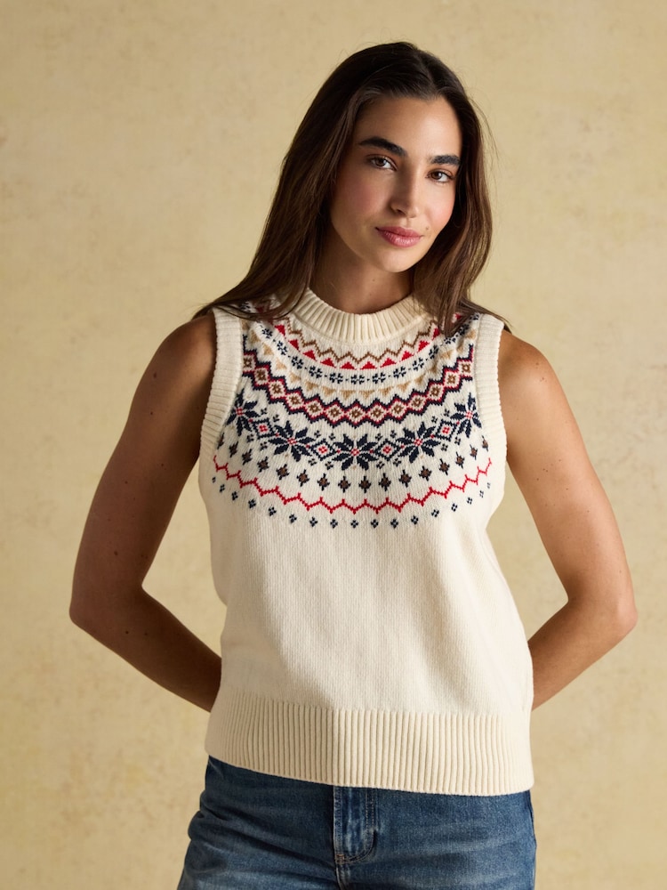 Joules Alba Cream Fairisle Cotton Rich Vest - Image 1 of 8 Joules Alba Cream Fairisle Cotton Rich Vest - Image 1 of 8
