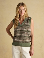 Joules Islay Green V Neck Fairisle Cotton Rich Vest - Image 1 of 8