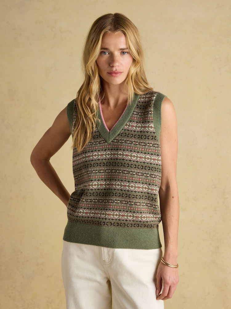 Joules Islay Green V Neck Fairisle Cotton Rich Vest - Image 1 of 8