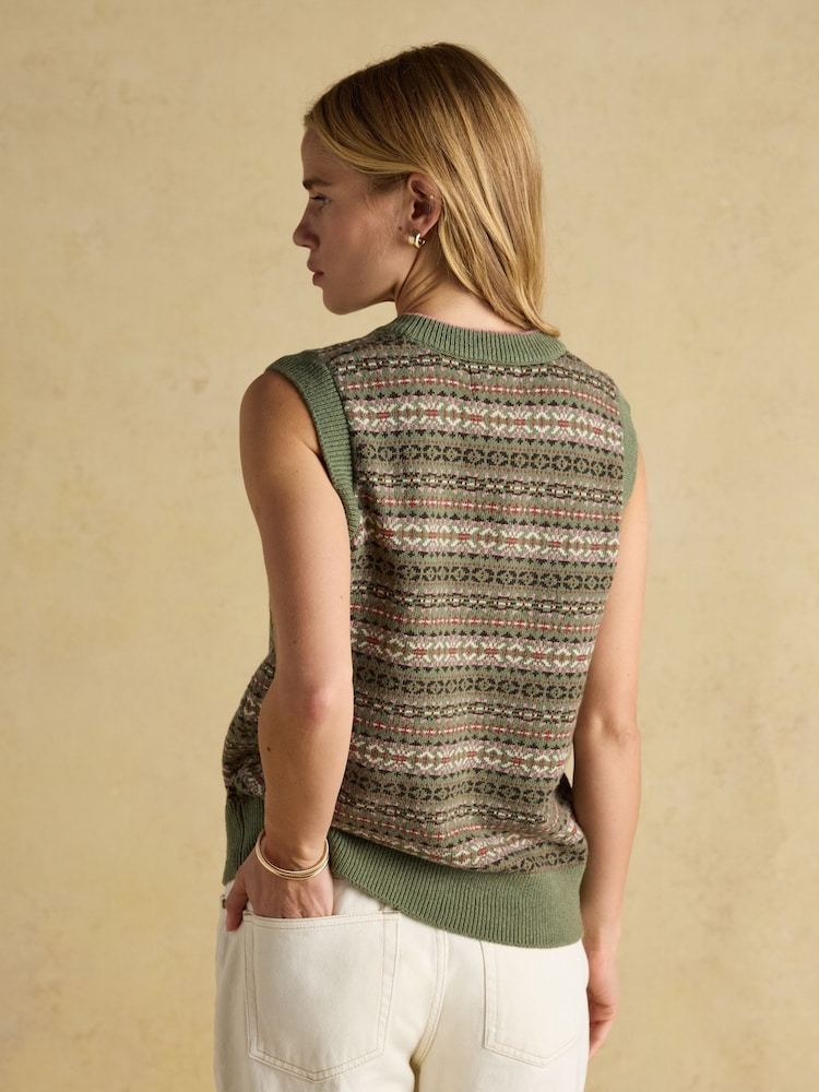 Joules Islay Green V Neck Fairisle Cotton Rich Vest - Image 2 of 8
