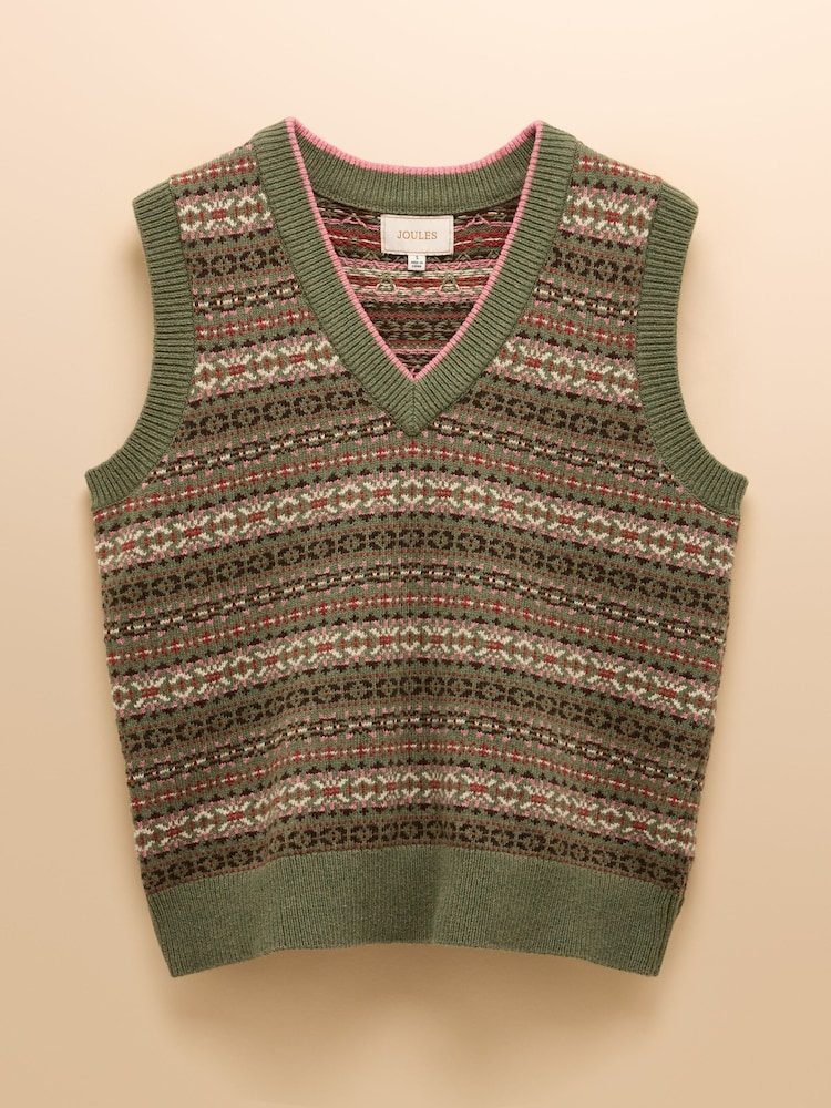 Joules Islay Green V Neck Fairisle Cotton Rich Vest - Image 8 of 8