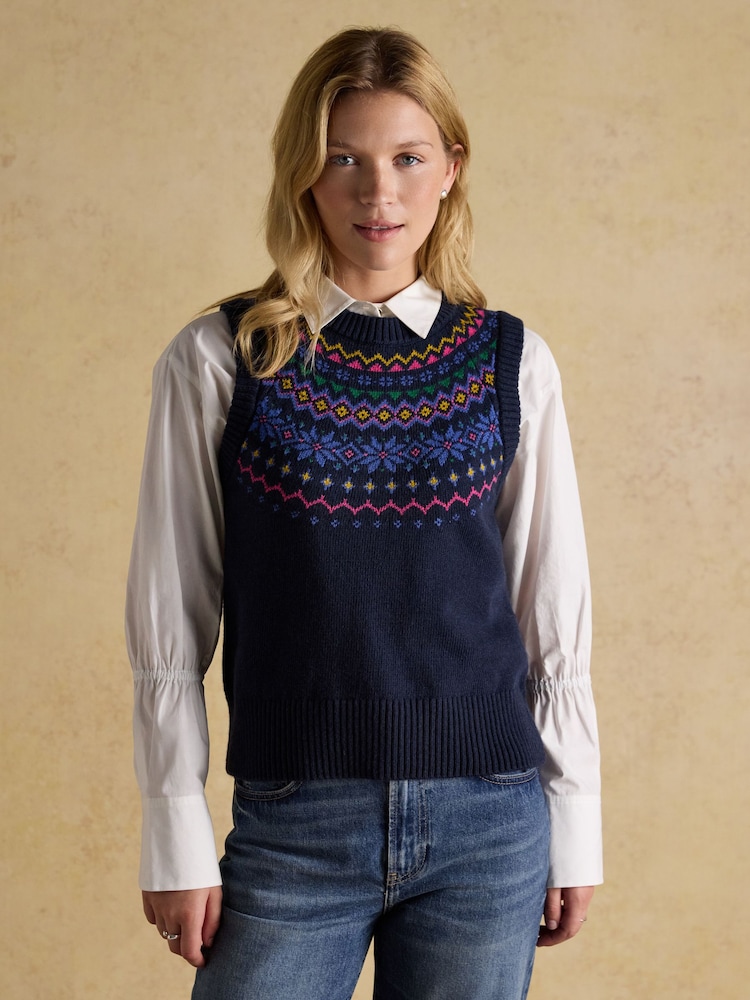 Joules Alba Navy Fairisle Cotton Rich Vest - Image 1 of 7