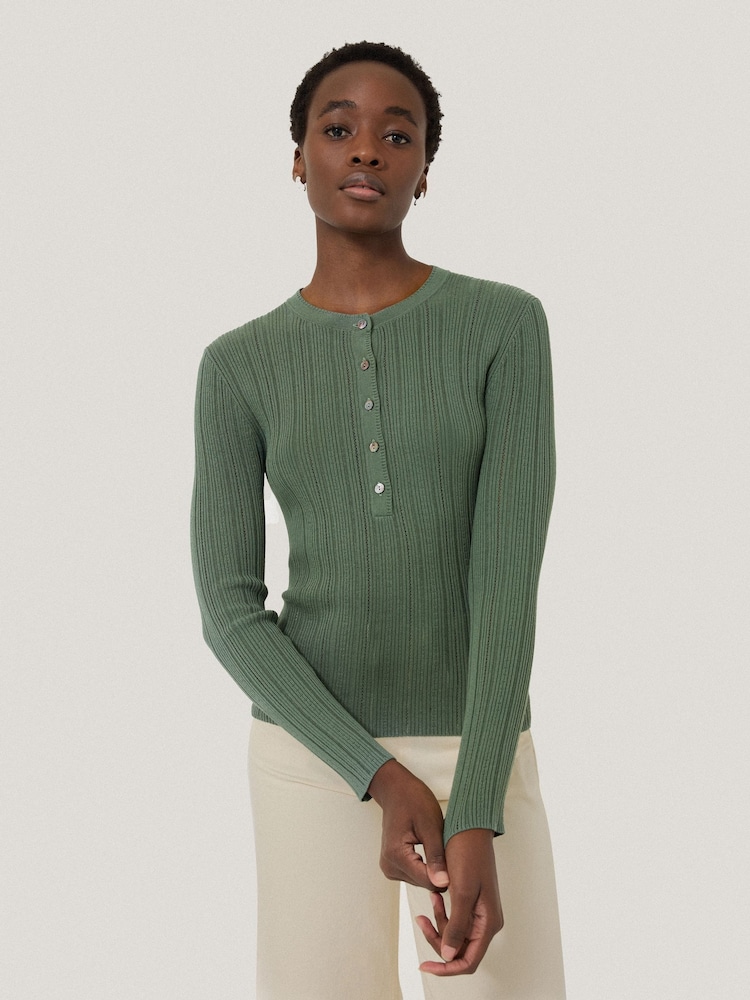 Jigsaw Green Rib Pointelle Henley Jumper - Image 1 of 6