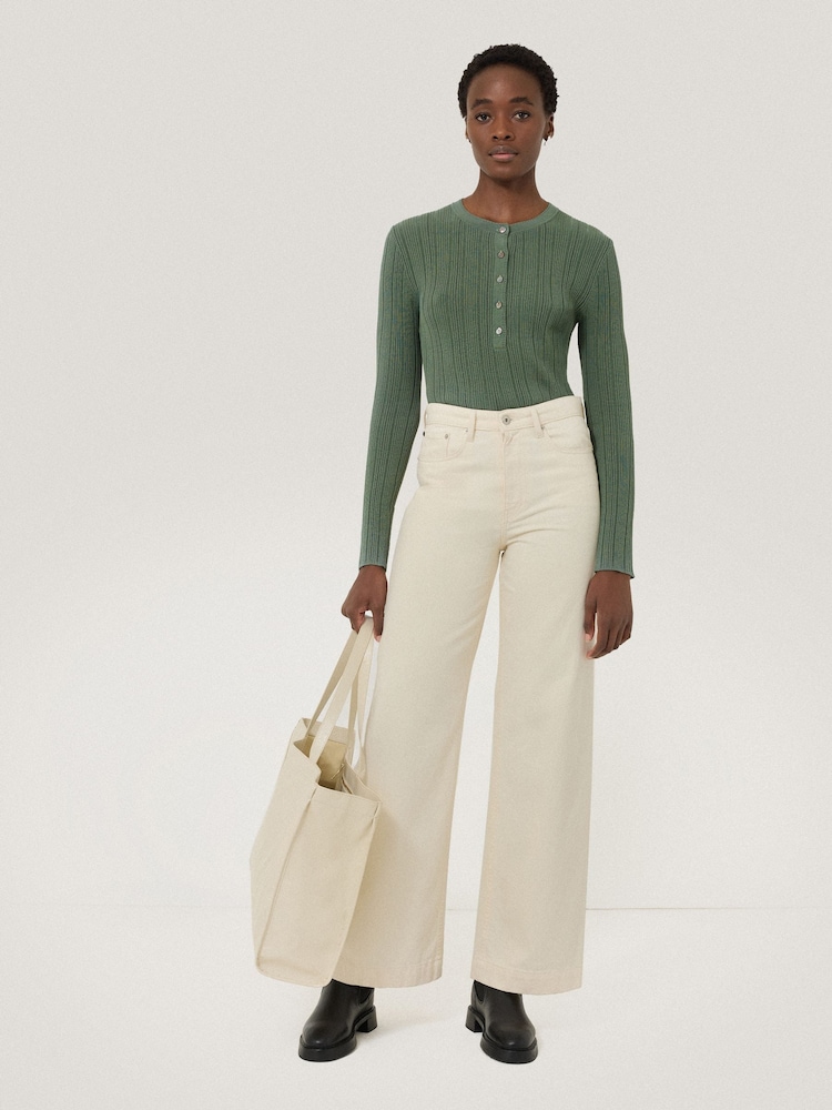 Jigsaw Green Rib Pointelle Henley Jumper - Image 3 of 6
