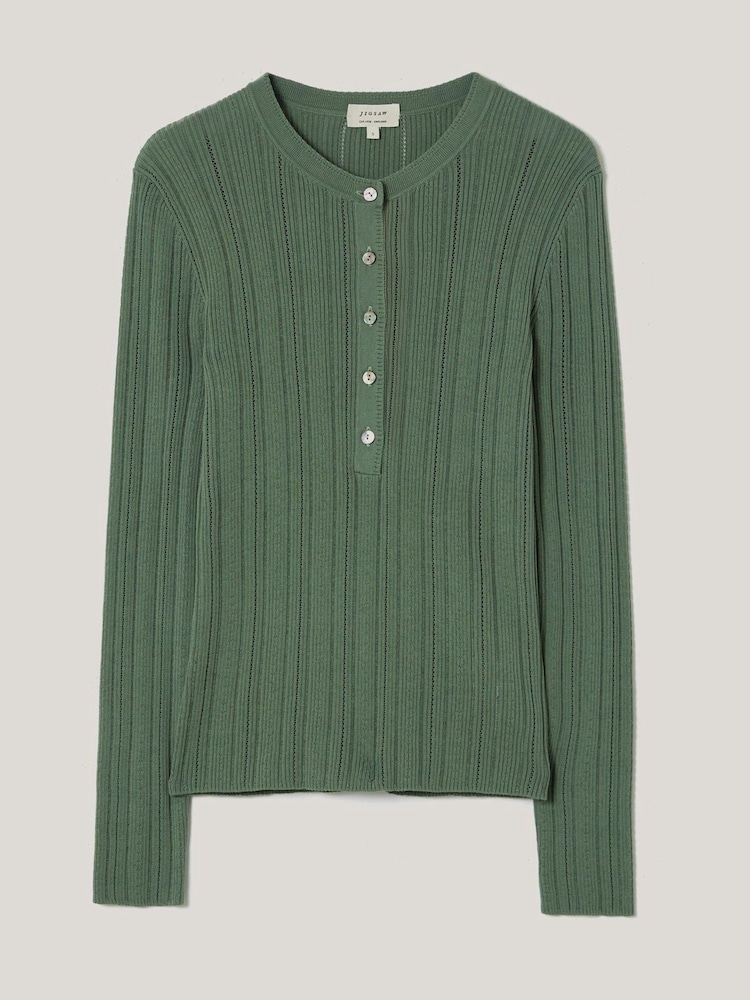 Jigsaw Green Rib Pointelle Henley Jumper - Image 6 of 6