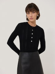 Jigsaw Black Rib Pointelle Henley Jumper - Image 1 of 4