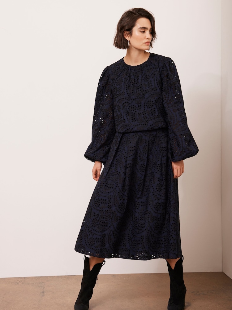 Mint Velvet Black Broderie 100% Cotton Midi Skirt - Image 2 of 8