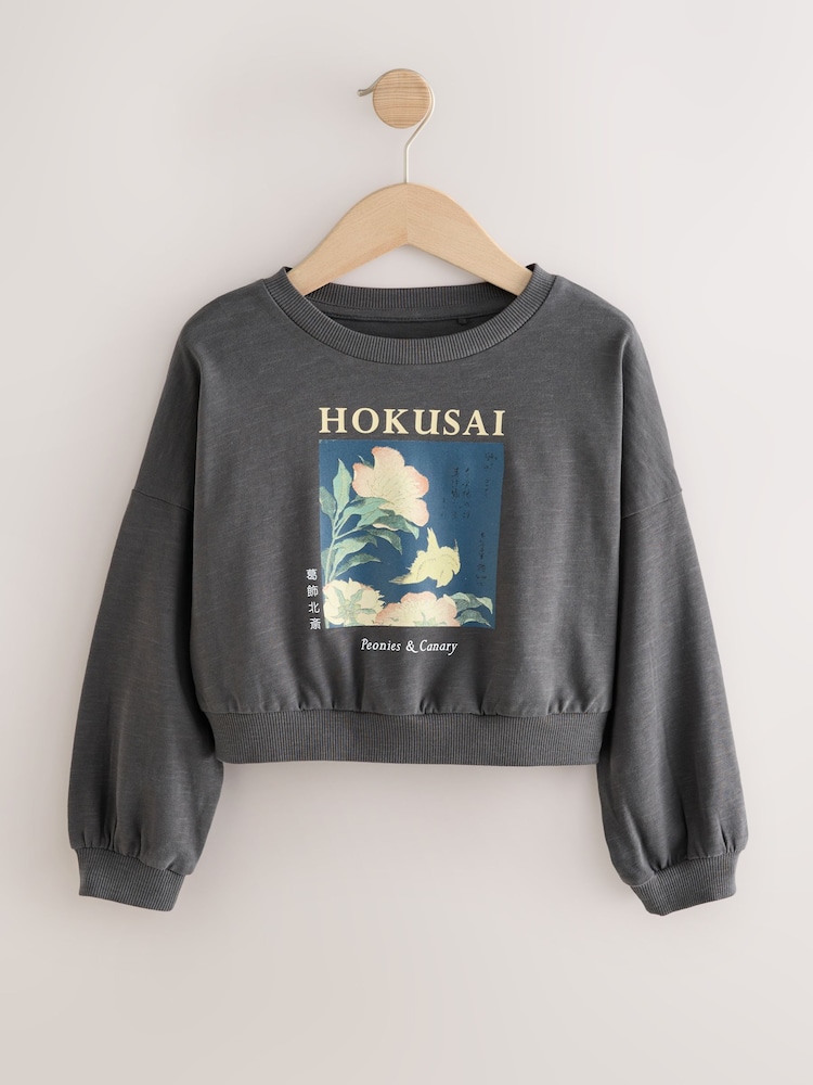 Charcoal Grey Hokusai License Long Sleeve 100% Cotton Sweat Top (3-16yrs) - Image 1 of 3