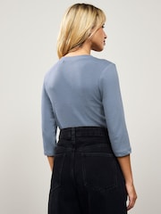 Blue Ribbed Elbow Length Crew Neck Top with TENCEL™ Lyocell - Image 2 of 6
