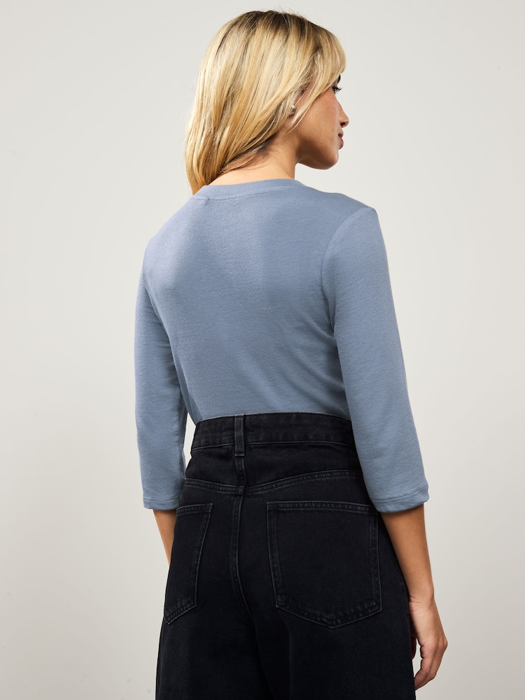 Blue Ribbed Elbow Length Crew Neck Top with TENCEL™ Lyocell - Image 2 of 6