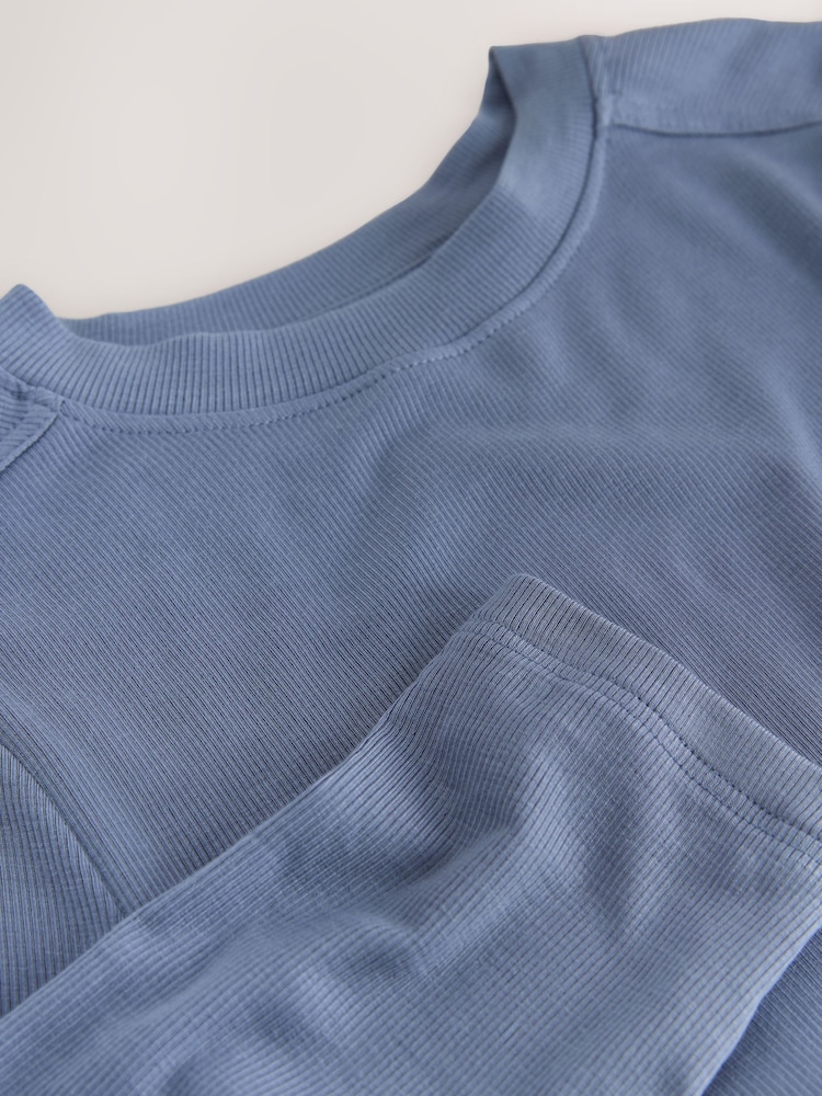 Blue Ribbed Elbow Length Crew Neck Top with TENCEL™ Lyocell - Image 6 of 6