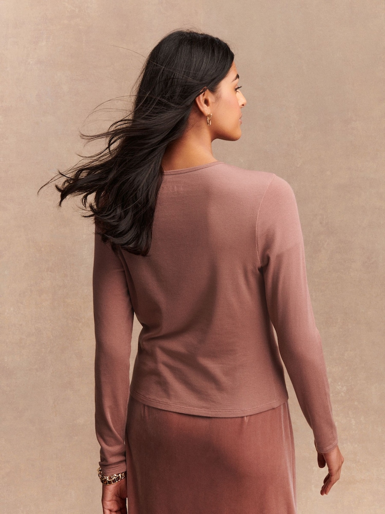 Pink Lightweight Ribbed Long Sleeve Cardigan with TENCEL™ Lyocell - Image 2 of 8 Pink Lightweight Ribbed Long Sleeve Cardigan with TENCEL™ Lyocell - Image 2 of 8
