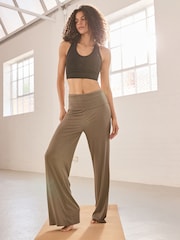 Olive Green Foldover Waistband Wide Leg Ribbed Leggings - Image 1 of 5