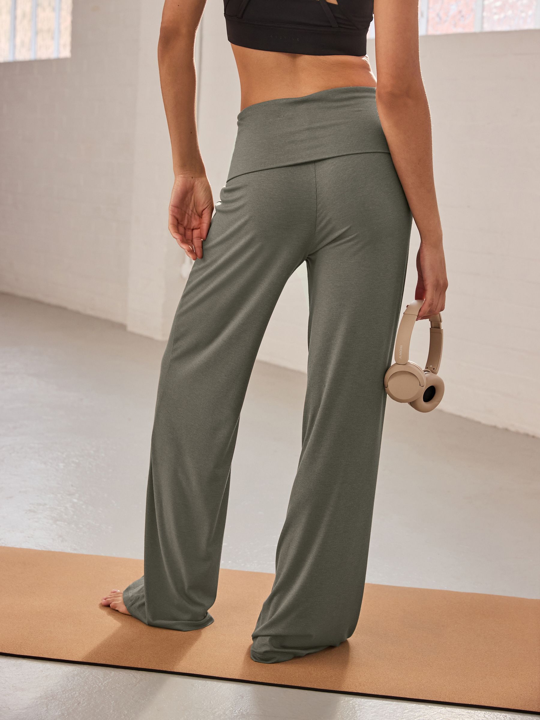 Buy Olive Green Fold Over Ribbed Flared Lounge Yoga Pants from
