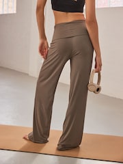 Olive Green Foldover Waistband Wide Leg Ribbed Leggings - Image 4 of 5