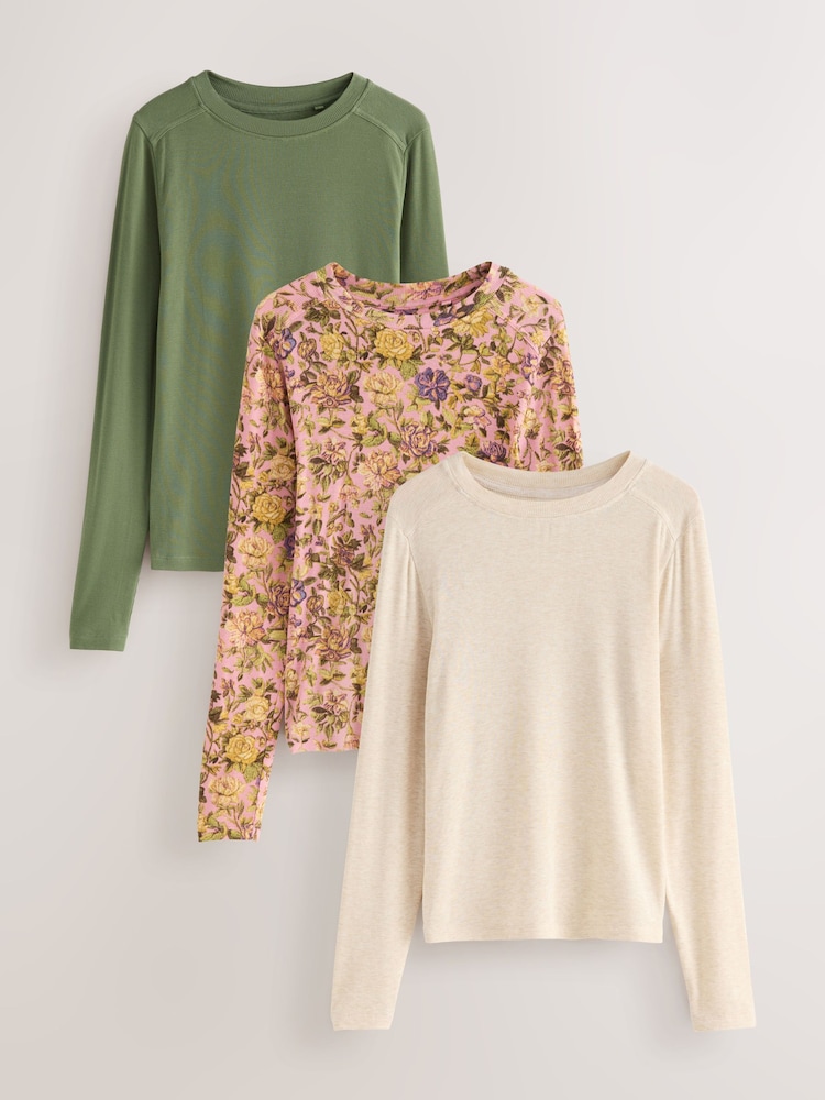 Multi 3 Pack Long Sleeve Crew Neck Top Containing TENCEL™ Lyocell - Image 1 of 9