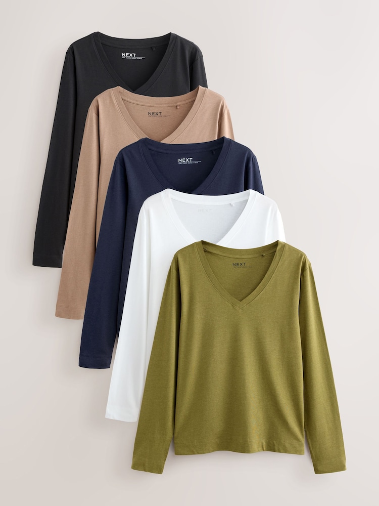 Multi 5 Pack Long Sleeve Modal V Neck T-Shirt - Image 1 of 8
