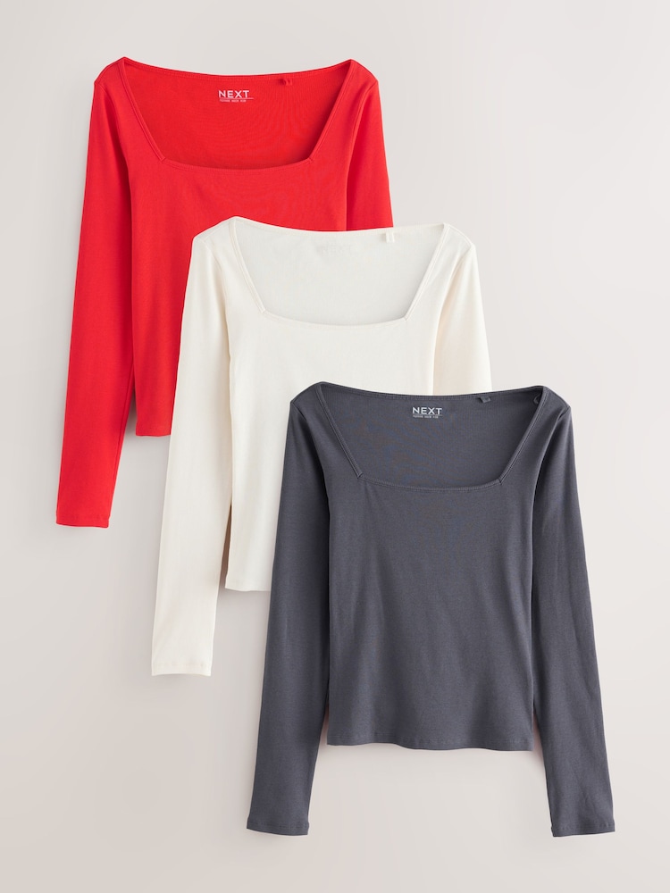 Grey/Ecru/Red 3 Pack Square Neck Ribbed Long Sleeve Top - Image 1 of 10