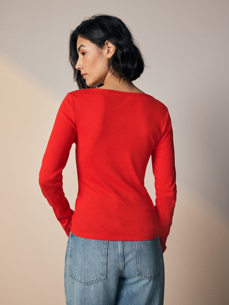 Grey/Ecru/Red 3 Pack Square Neck Ribbed Long Sleeve Top - Image 10 of 10