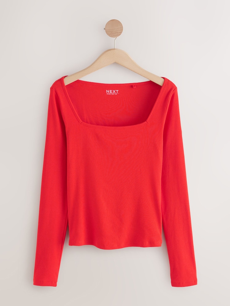 Grey/Ecru/Red 3 Pack Square Neck Ribbed Long Sleeve Top - Image 2 of 10