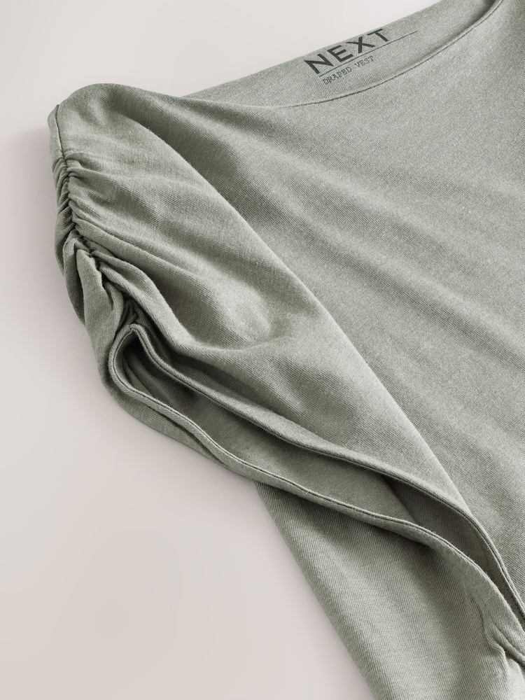 Olive Green Cotton Blend Sleeveless Drape Top - Image 8 of 8