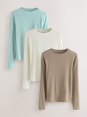 Ecru/Seafoam Green/Neutral 3 Pack Long Sleeve Crew Neck Top Containing TENCEL™ Lyocell - Image 1 of 6
