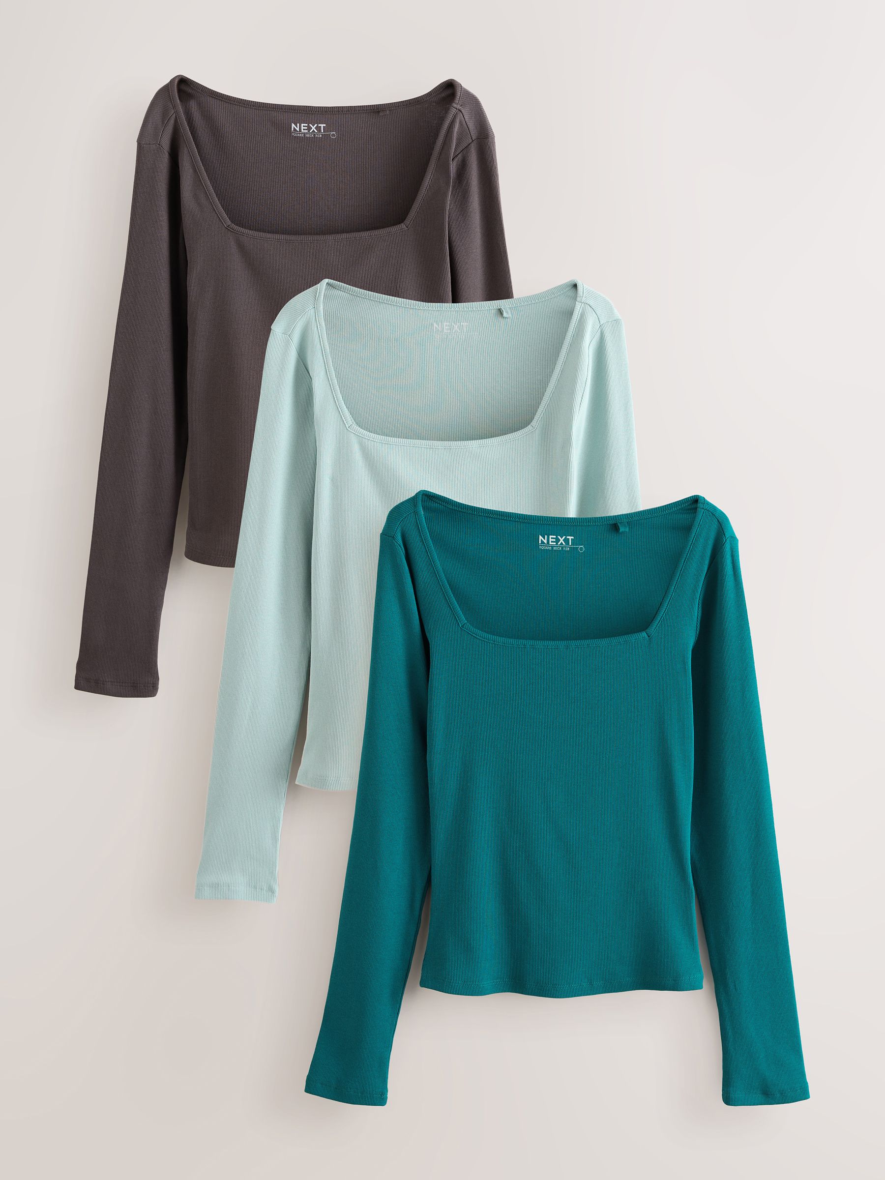 Buy Slate/Seafoam/Teal 3 Pack Square Neck Ribbed Long Sleeve Top