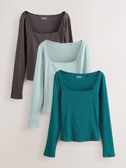 Slate/Seafoam/Teal 3 Pack Square Neck Ribbed Long Sleeve Top - Image 1 of 6
