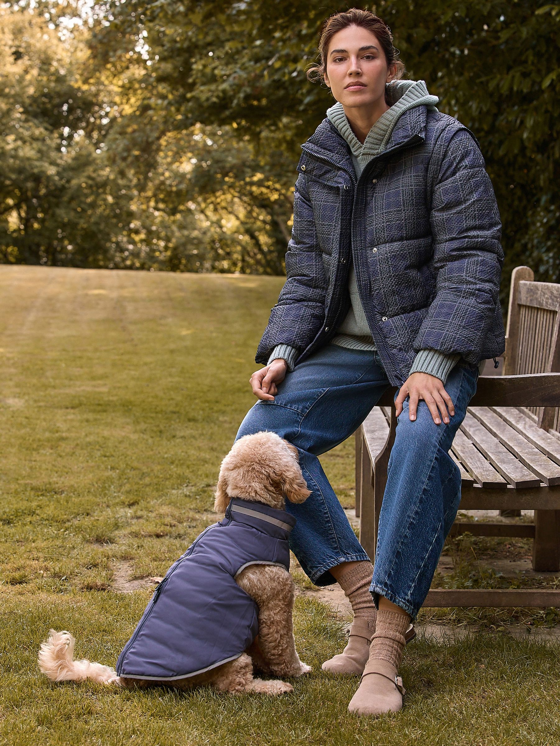 Buy Navy Blue Check Short Padded Coat with Detachable Sleeves from