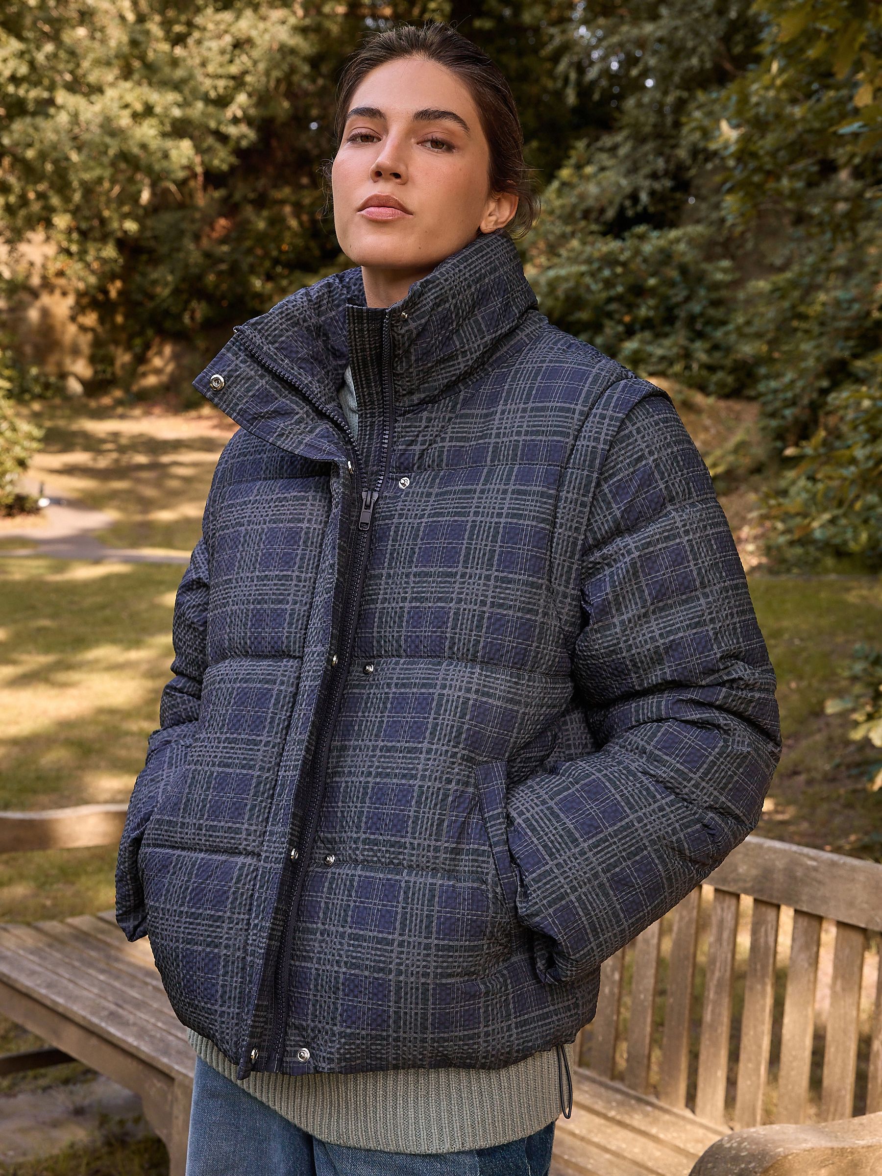 Buy Navy Blue Check Short Padded Coat with Detachable Sleeves from