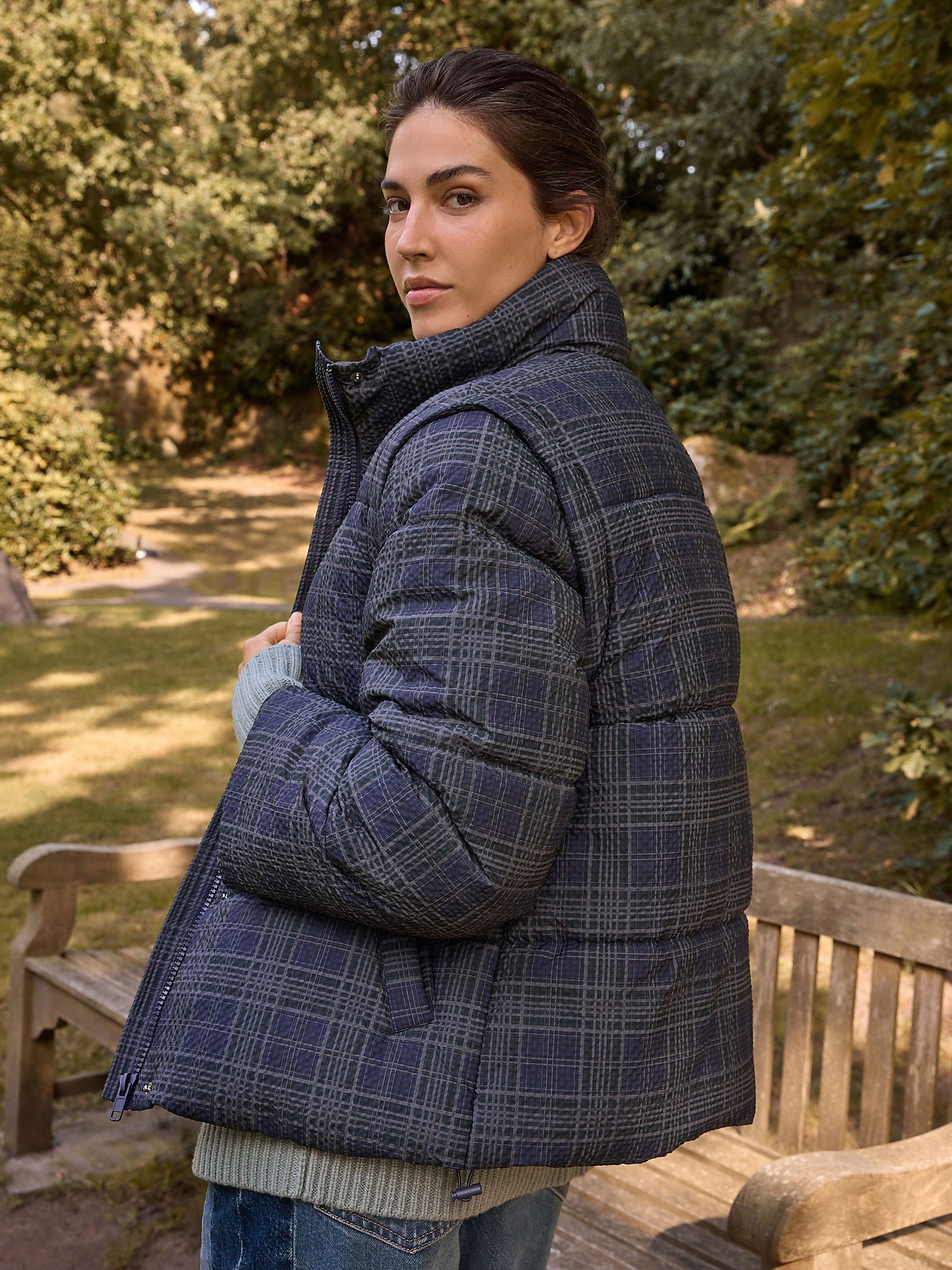 Buy Navy Blue Check Short Padded Coat with Detachable Sleeves from