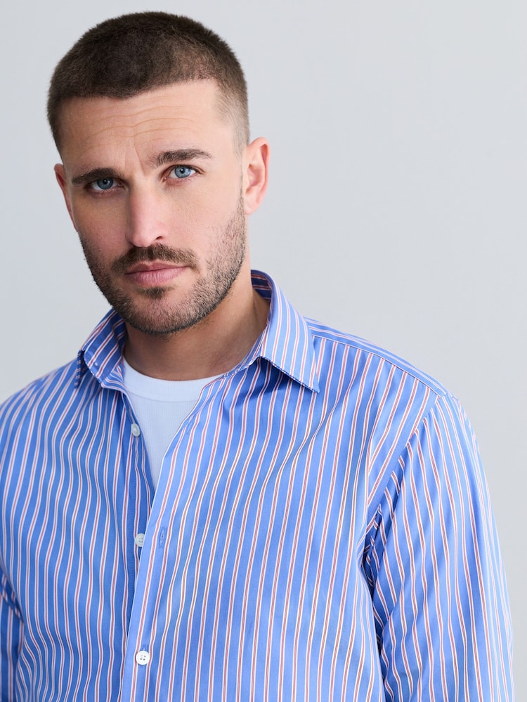 Blue Stripe Slim Fit 100% Cotton Signature Single Cuff Shirt - Image 1 of 8 Blue Stripe Slim Fit 100% Cotton Signature Single Cuff Shirt - Image 1 of 8