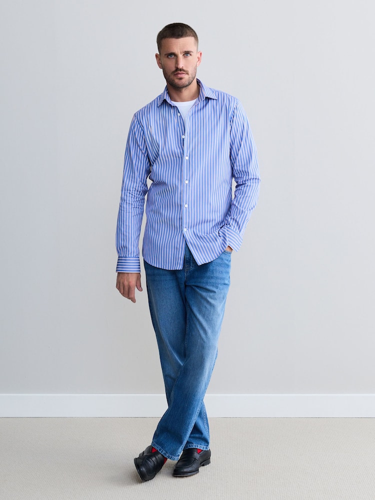 Blue Stripe Slim Fit 100% Cotton Signature Single Cuff Shirt - Image 2 of 8 Blue Stripe Slim Fit 100% Cotton Signature Single Cuff Shirt - Image 2 of 8