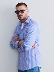 Blue Stripe Slim Fit 100% Cotton Signature Single Cuff Shirt - Image 3 of 8