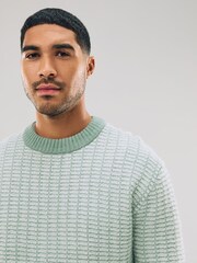 Sage Green Regular Fit Geometric Textured Crew Neck Jumper with Wool - Image 1 of 7