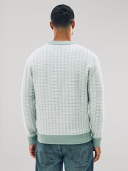 Sage Green Regular Fit Geometric Textured Crew Neck Jumper with Wool - Image 3 of 7