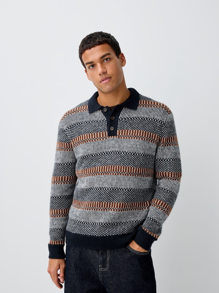 Navy Blue Regular Fit Stripe Long Sleeve Knit Polo Shirt - Image 1 of 5