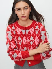 Red Argyle Bows Crew Neck Knitted Cardigan - Image 1 of 8