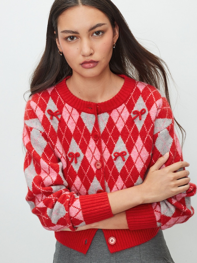 Red Argyle Bows Crew Neck Knitted Cardigan - Image 1 of 8 Red Argyle Bows Crew Neck Knitted Cardigan - Image 1 of 8