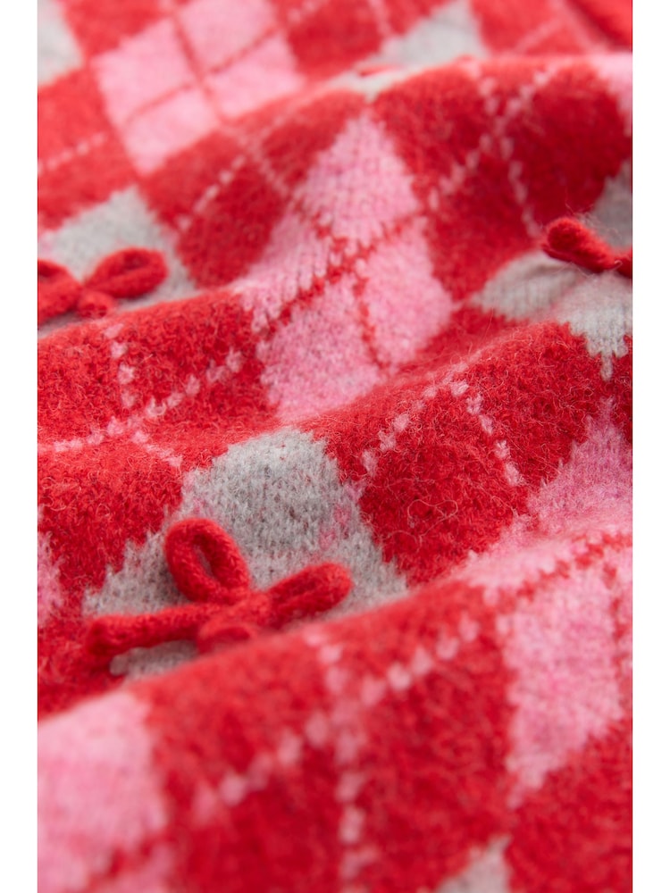 Red Argyle Bows Crew Neck Knitted Cardigan - Image 1 of 11 Red Argyle Bows Crew Neck Knitted Cardigan - Image 1 of 11