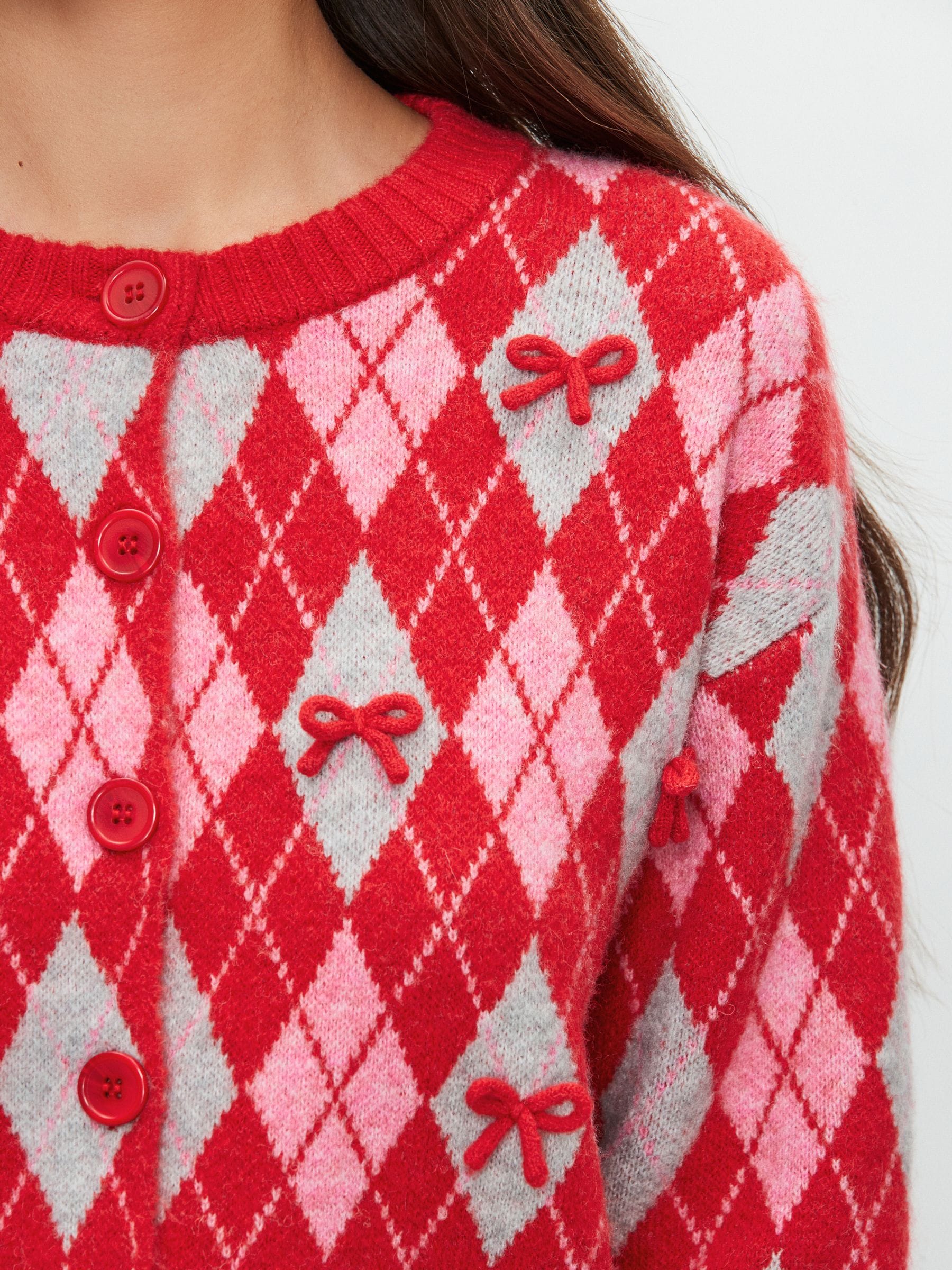 Buy Red/Pink Argyle Bows Crew Neck Knitted Cardigan from Next USA