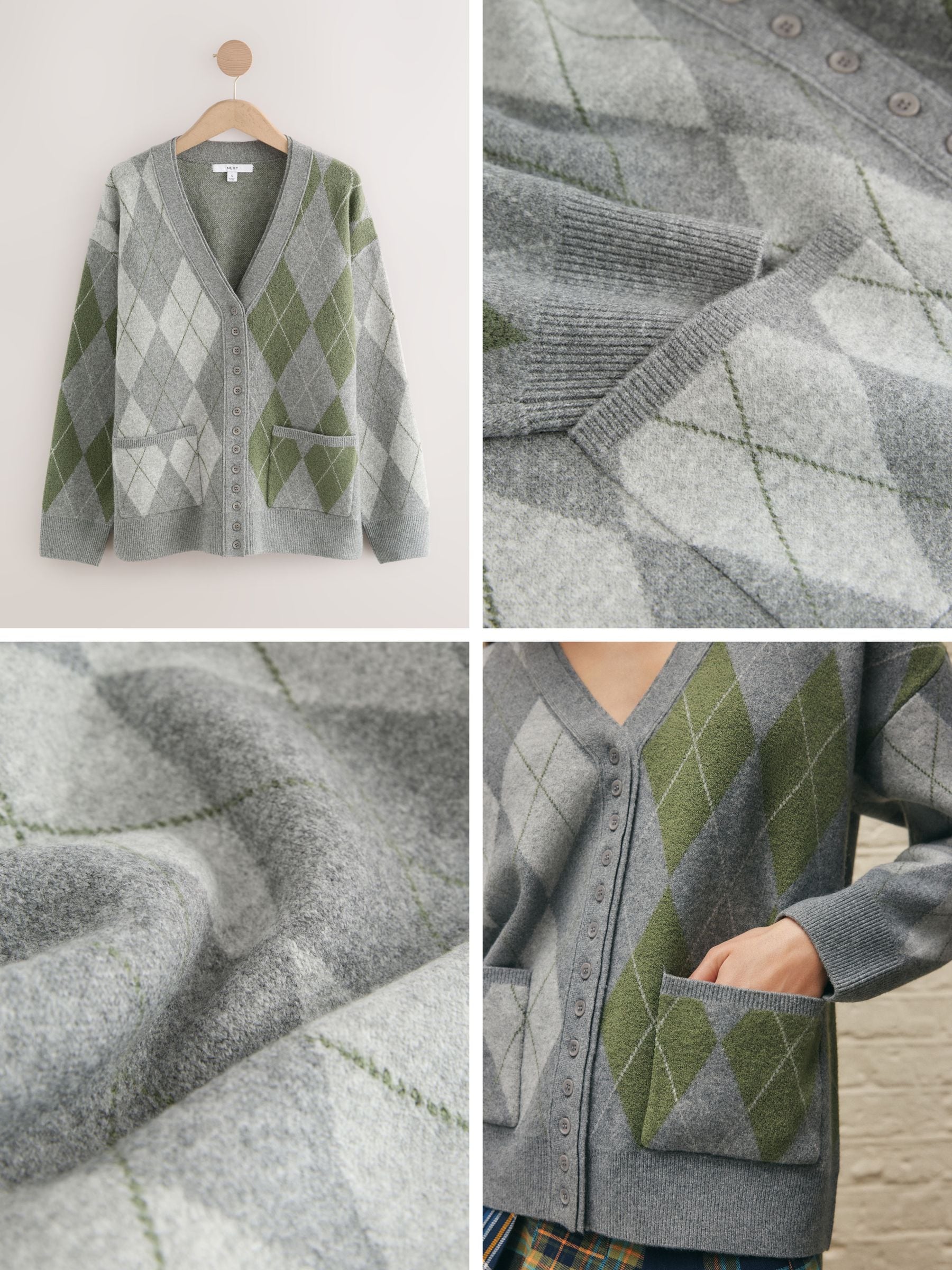 Buy Grey/Green Argyle Supersoft V-Neck Cardigan With Pockets from