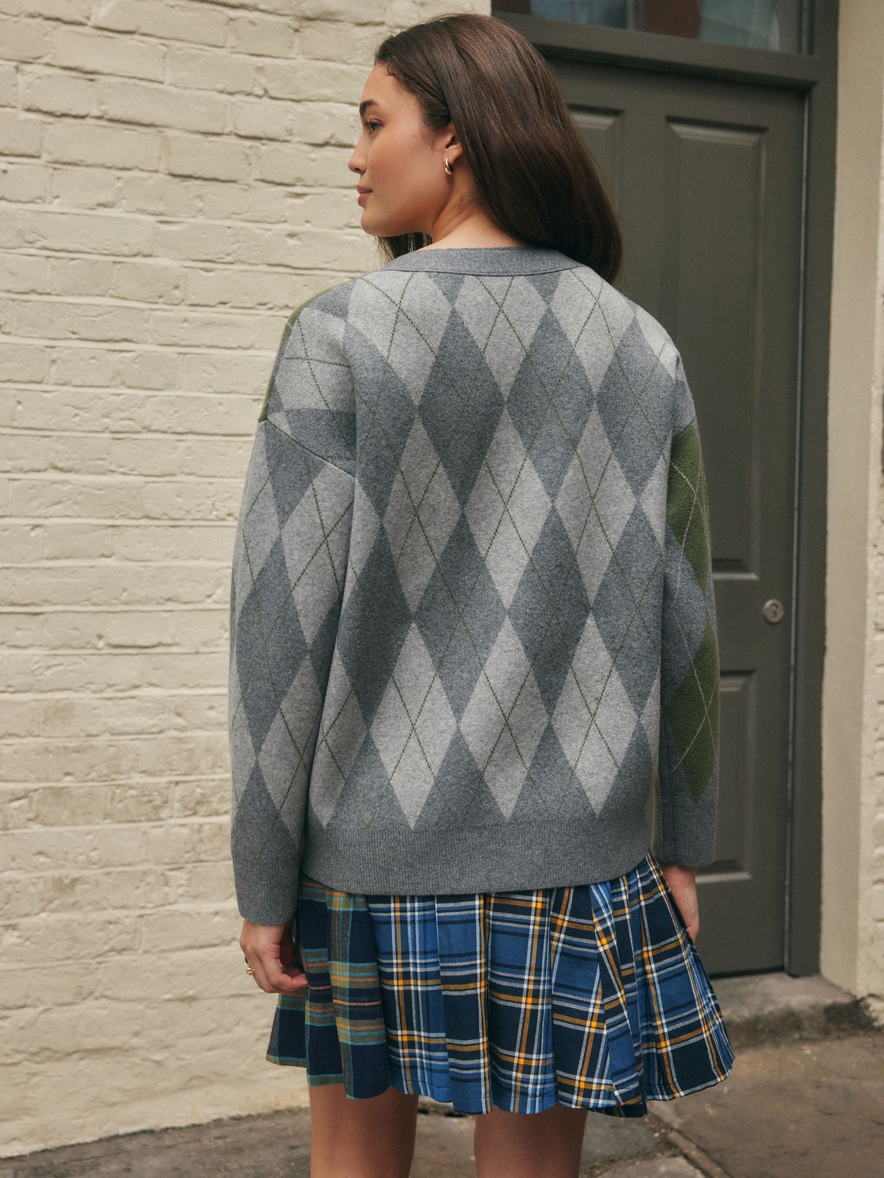 Buy Grey/Green Argyle Supersoft V-Neck Cardigan With Pockets from