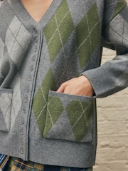 Grey Multi Argyle Supersoft V-Neck Cardigan With Pockets - Image 6 of 9