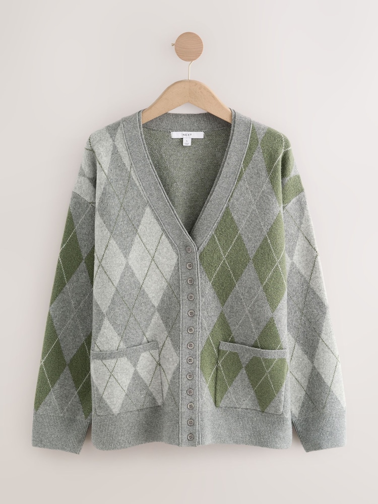 Buy Grey/Green Argyle Supersoft V-Neck Cardigan With Pockets from